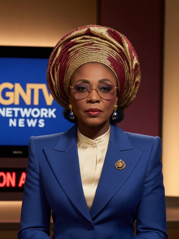 Lady Gisteria Okonkwo-Windsor at the GNTV news desk, wearing a burgundy and gold gele, gold framed glasses and a royal blue blazer